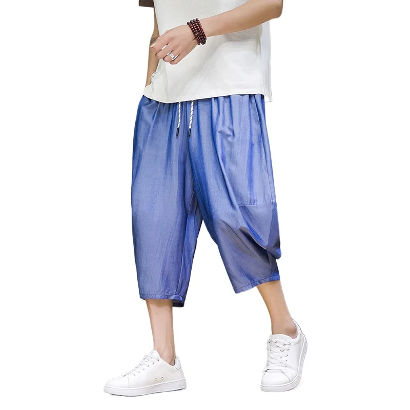 Chinese Style Summer Retro Chinese Men's Seven-point Thin Solid Color Casual Wide-leg Harlan Pants