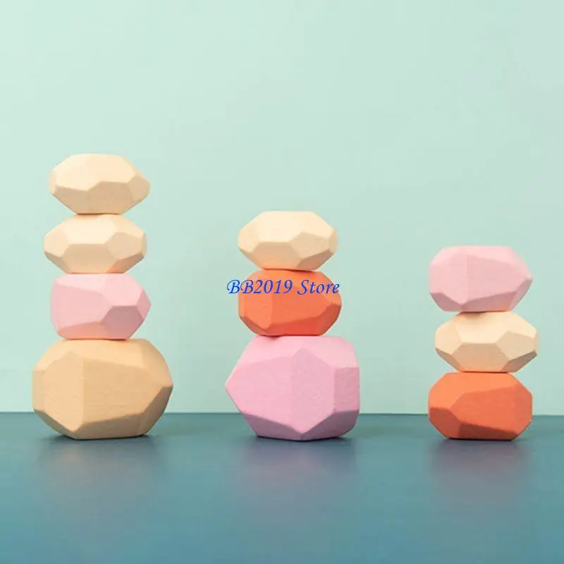 Q0KB 36 Pcs Children Wooden Colored Stone Stacking Game Building Block Kids for Creative Educational Toy