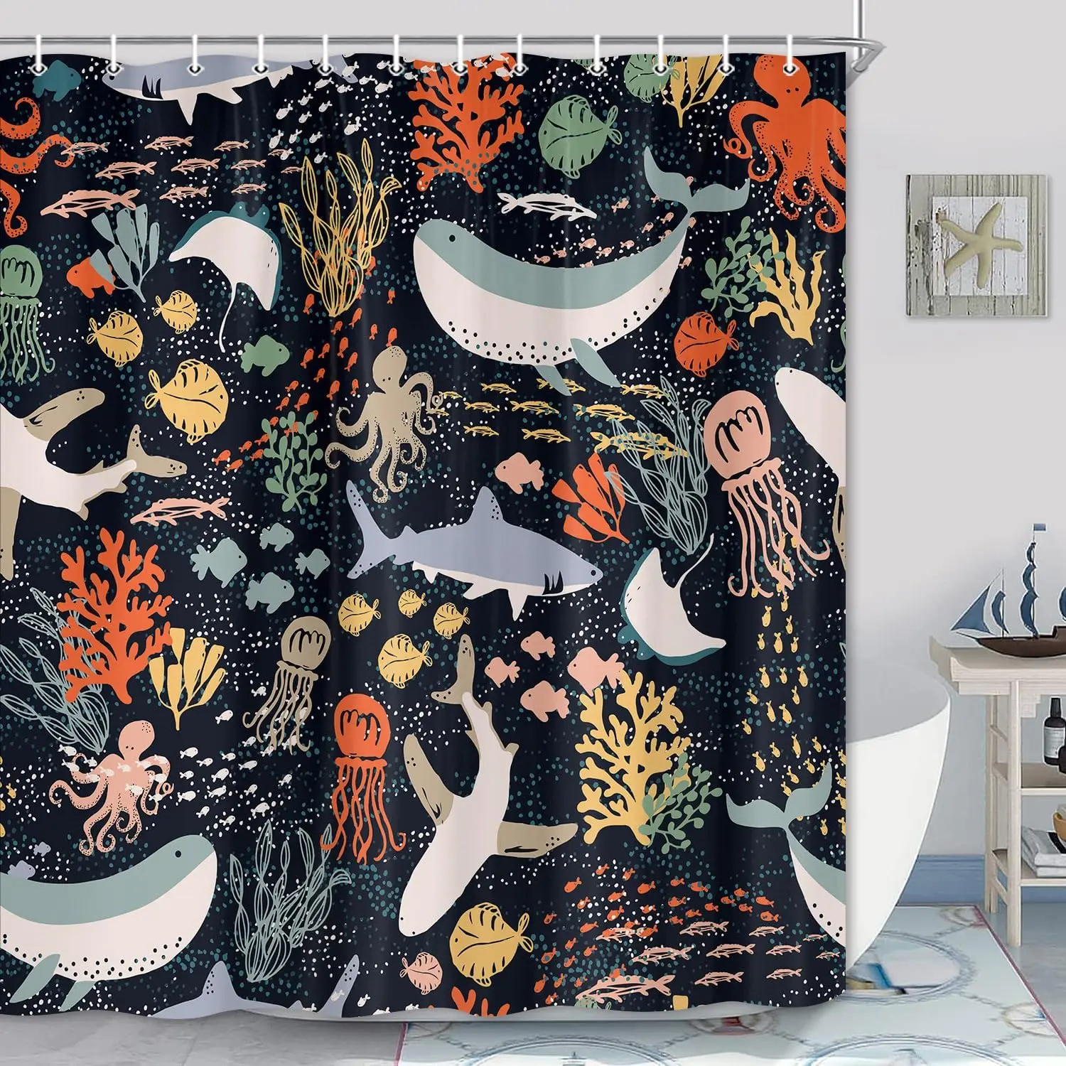 

Красочная занавеска для душа «Океанская жизнь», Киты, акулы, рыбы, коралловый декор, водонепроницаемая ткань, современный дизайн ванной комнаты для детей и взрослых