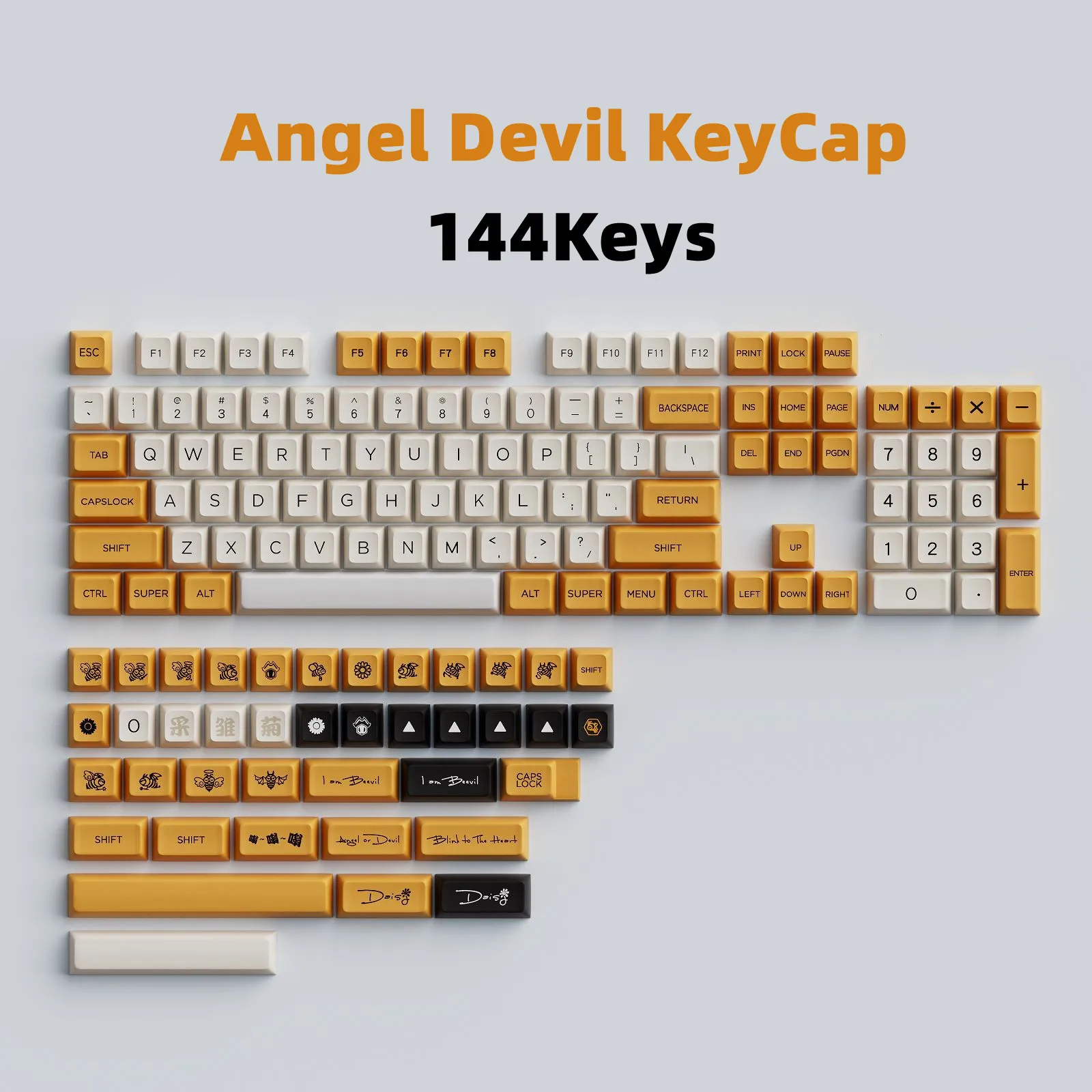 【Skyline】144 Key Angel Devil Blink To The Heart Design Yellow Black White Keycaps For Mechanical Keyboard XDA PBT KeyCap