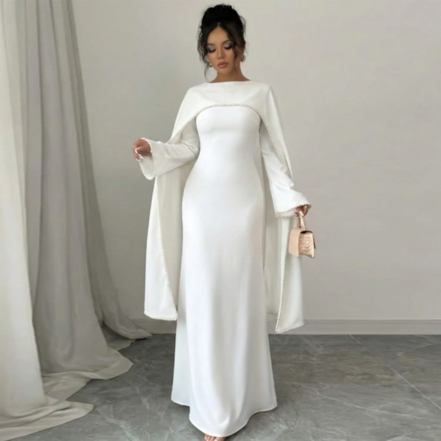 Two Piece Muslim Evening Abaya Pearl Beaded Trim Cape Boat Neck Flared Long Sleeve Modest Dubai Party Maxi Dress Customized