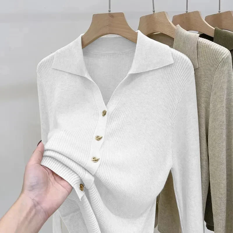 Turn Down Collar Knitting Cardigan Sweater Women Autumn Chic Button Long Sleeve Knit Sweater Female V Neck All-match Cardigan