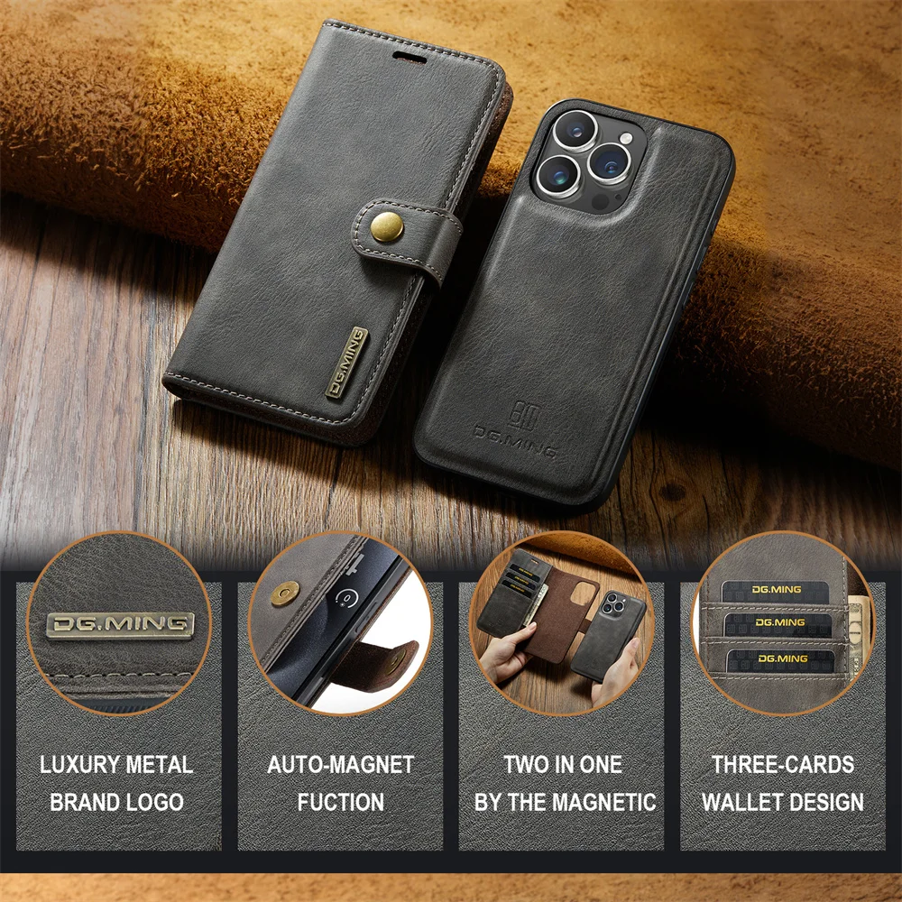 DG.MING Luxury Detachable Wallet Case for iPhone 15 Pro Max 5s 6s 7G 8 XR XS Max 11 Pro 12 13 Mini 14 Plus Magnetic Leather Case
