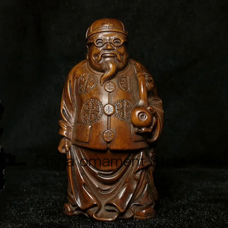 

YIZHU CULTUER ART 3" Old Chinese Japanese boxwood hand carved moneybags rich man god of wealth statue netsuke table decoration