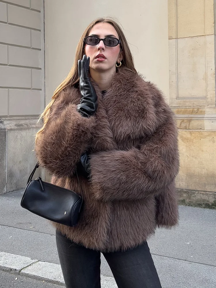 Damski zimowy płaszcz z pluszu, ciepły, casualowy, z wykładanym kołnierzem, gruby, vintage, z długim rękawem, krótki płaszcz wierzchni, modny płaszcz damski.