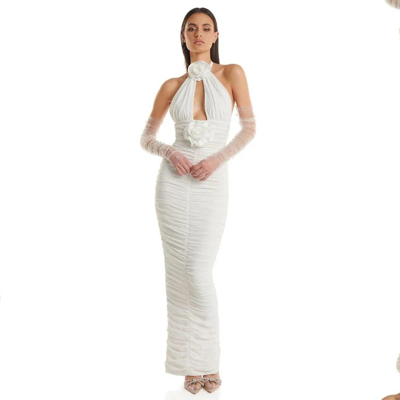 Novo sexy corte flor plissado bodycon vestido longo, feminino luxo branco halter vestido com luvas, cocktail elegante vestido de aniversário
