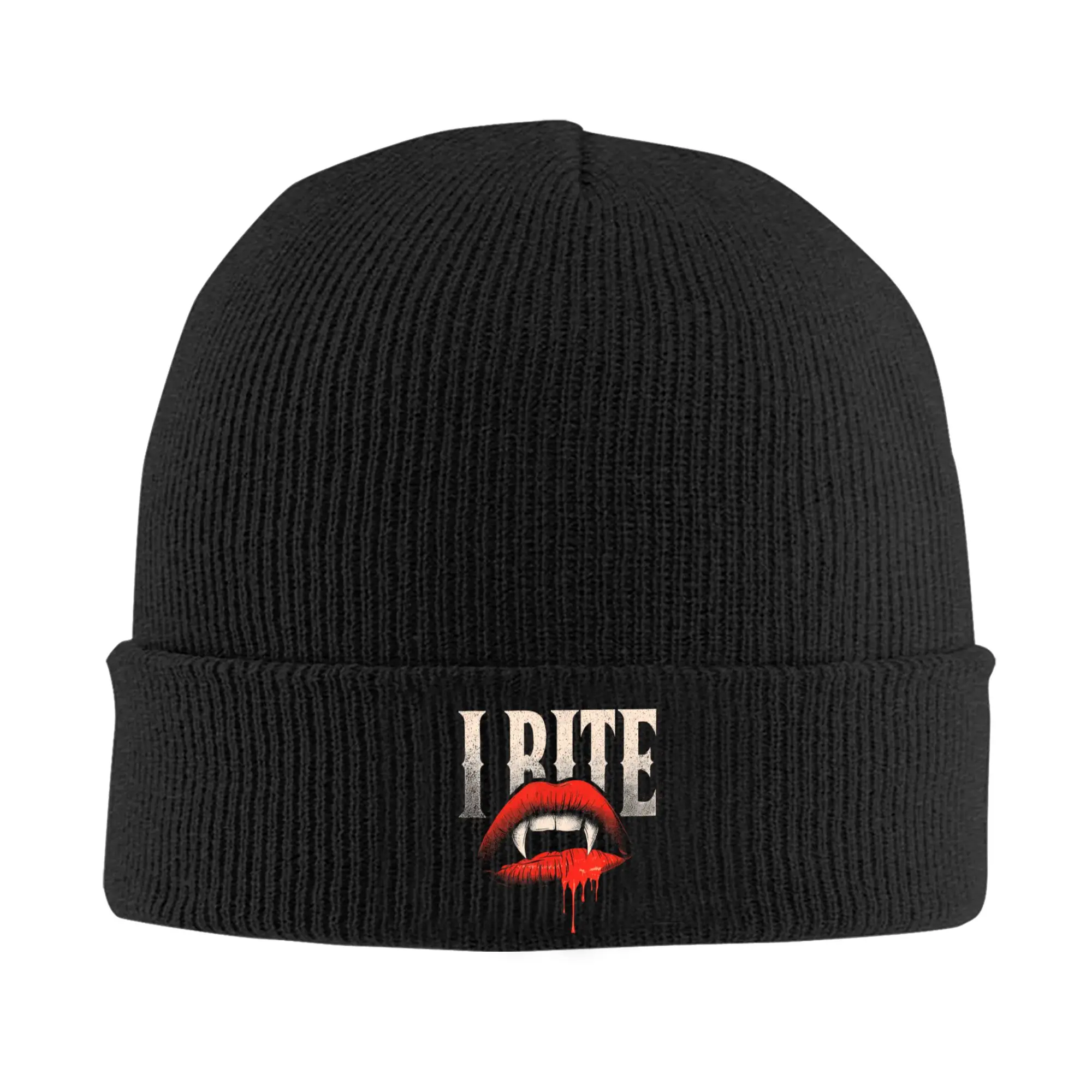 I Bite Vampire Fangs Teeth Red Lips Spooky Halloween Beanie Hats  Bonnet Hats Female Male Cool Outdoor Sport Knit Hat Soft Caps