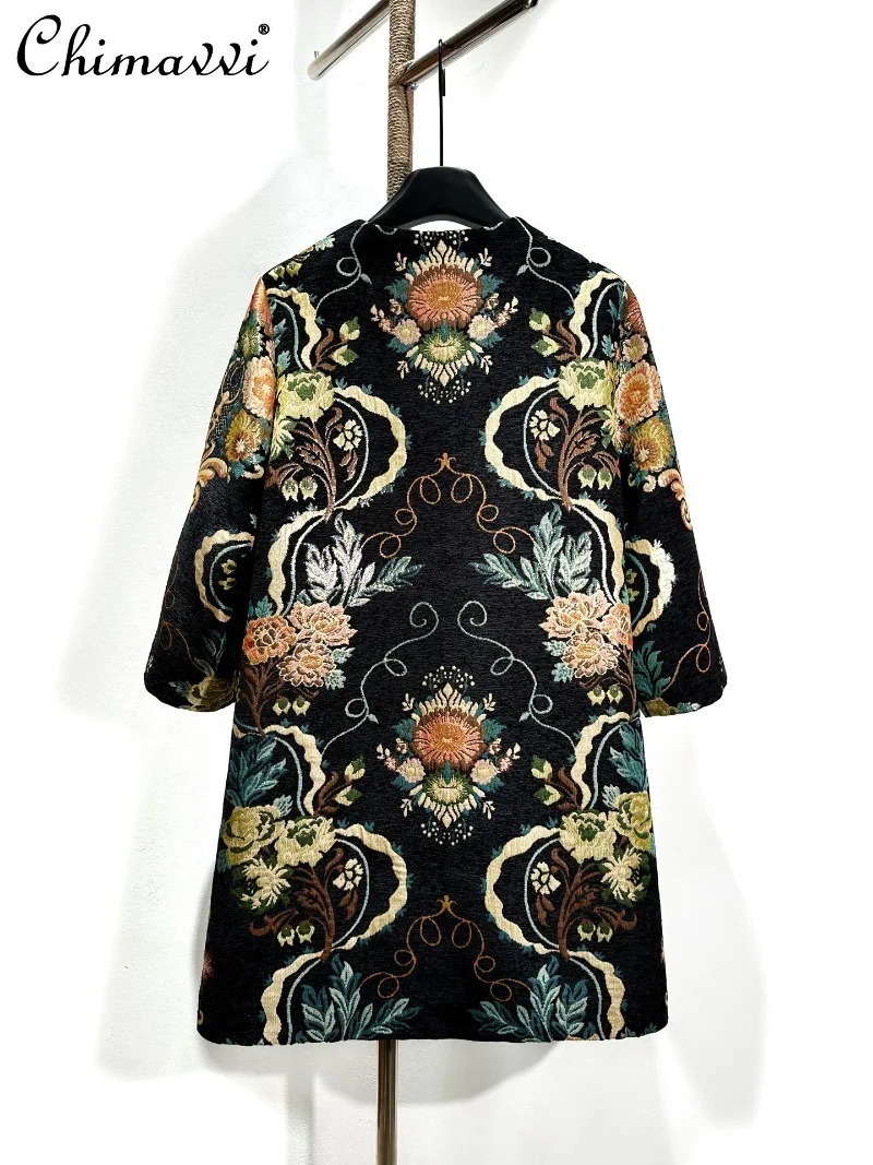 高級レトロビーズ刺繍豪華ミドル丈ジャカードコート レディース 2025秋冬新作 ファッション ゆったりエレガントトレンチコート