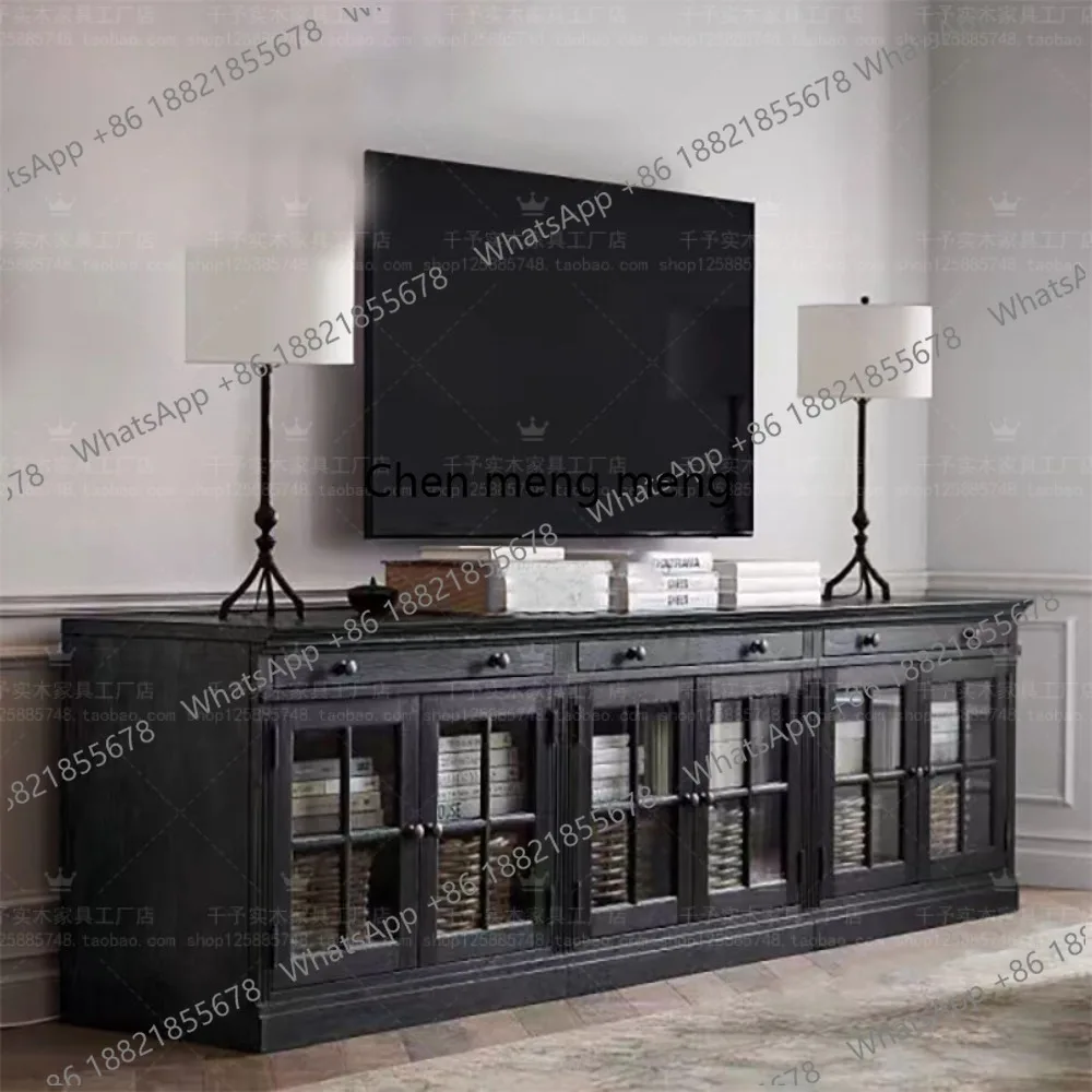 French retro American simple solid wood storage glass door three drawers TV cabinet