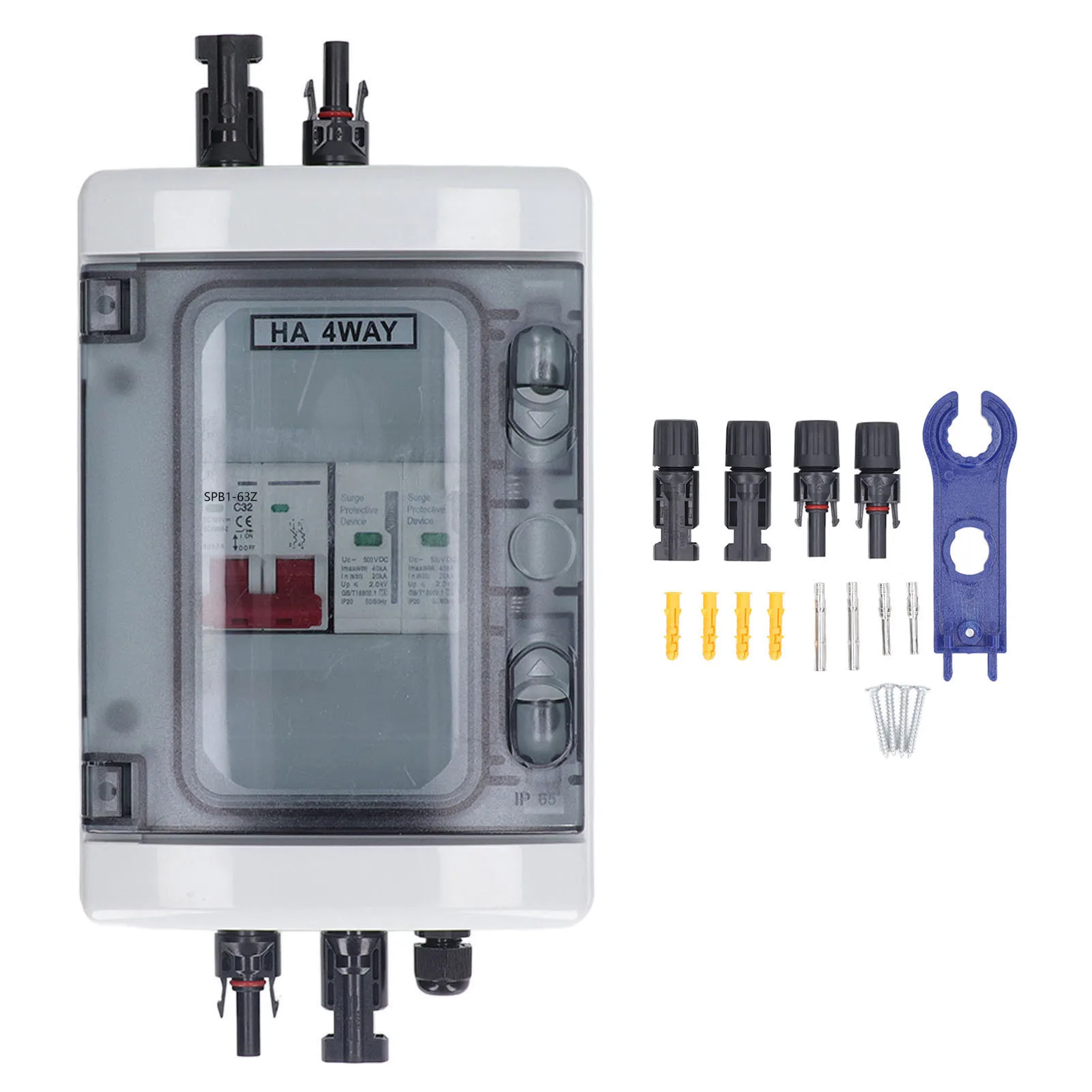 PV Combiner Box IP65 Waterproof Solar Photovoltaic Combiner Box with DC500V 32A PV Circuit Breaker Surge Protector