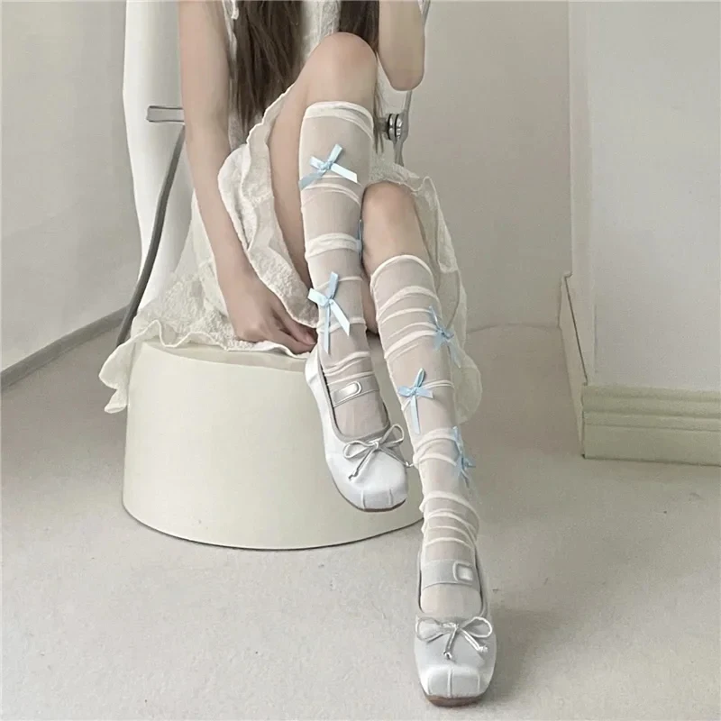 Damen Sexy Schleifensocken, lange kniehohe Lolita-Strümpfe, weiße dünne Netzstrümpfe, reine Spitzenstrümpfe