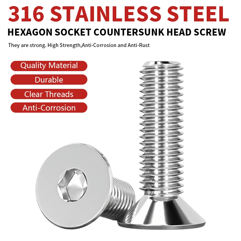 316 Stainless Steel Hexagon Socket Countersunk Head Screw A4-70 DIN7991 M3 M4 M5 M6 M8 M10 Allen Bolt Fastener