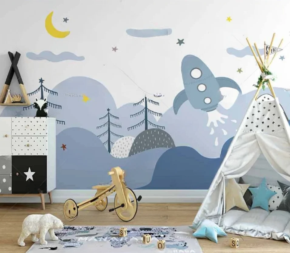 

Customized mural Nordic hand-painted cartoon little rocket cute clouds children's room wallpaper background decoration wallpaper