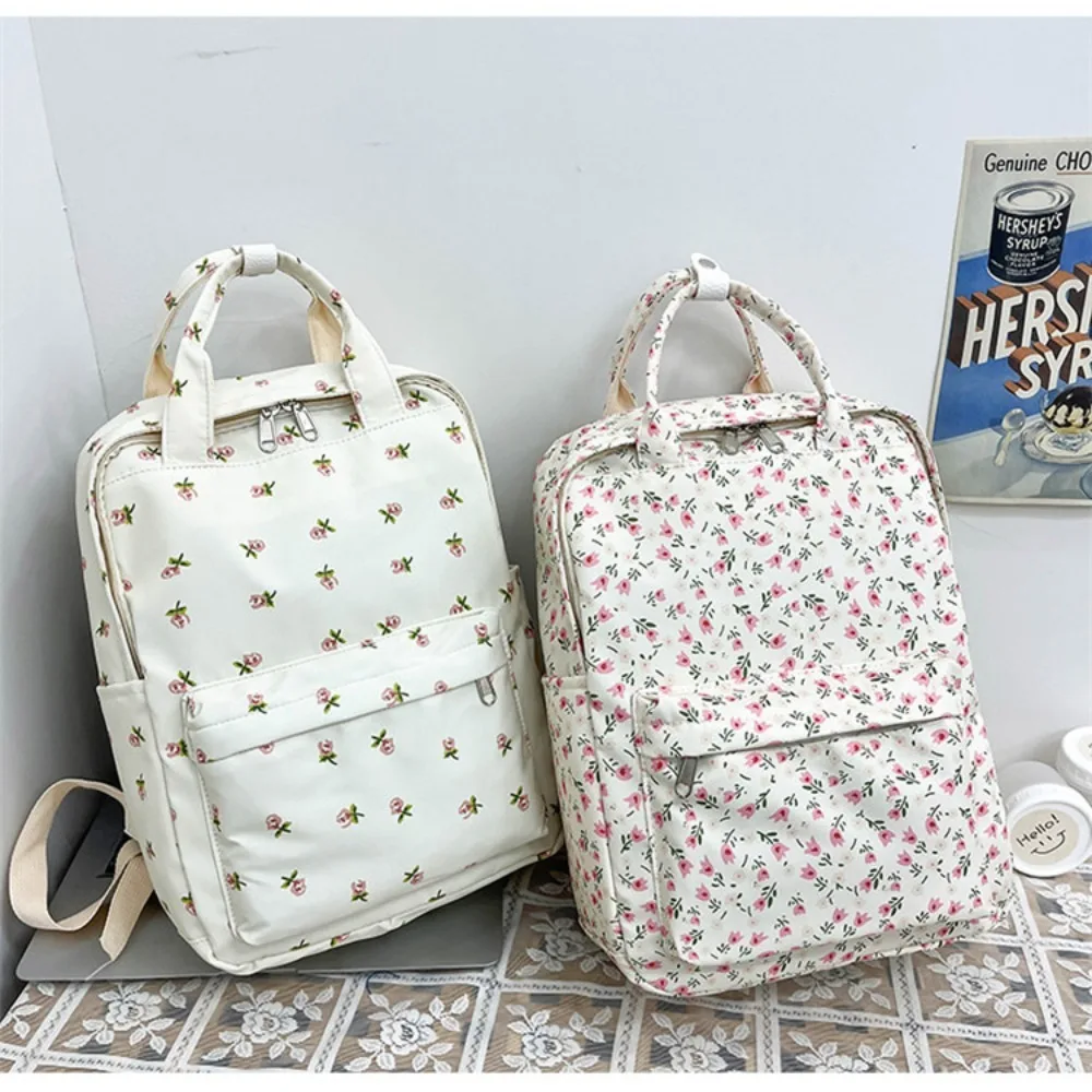 New Large Capacity Women\'s Backpack Flower Print with Handle Student Backpack Japanese Style Nylon School Bag Adults