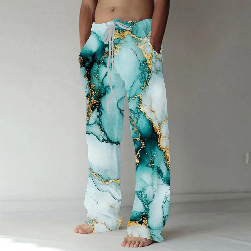 2026 Fall Men's Marble Abstract Art Pants Trousers Mid Waist Drawstring Elastic Waist Casual Outdoor Wide-leg Trousers For Mens