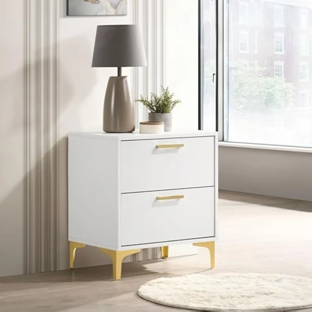 Kendall 2-Drawer منضدة معاصرة لغرفة النوم خزانة بجانب السرير طاولة خشبية هندسية صديقة للبيئة مصقولة باللون الذهبي