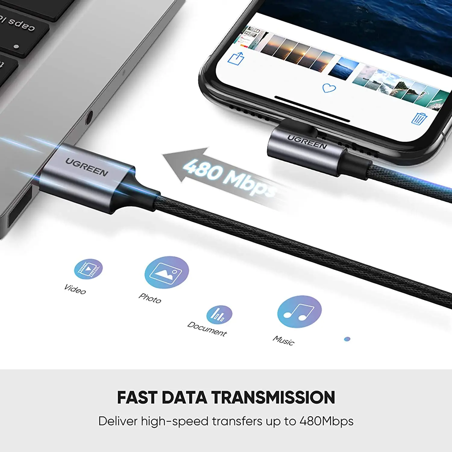 كابل شاحن UGREEN 90 درجة لهاتف IPhone، سلك كابلات شحن سريع USB-L، كابل USB 2.0 مضفر من النايلون بزاوية قائمة