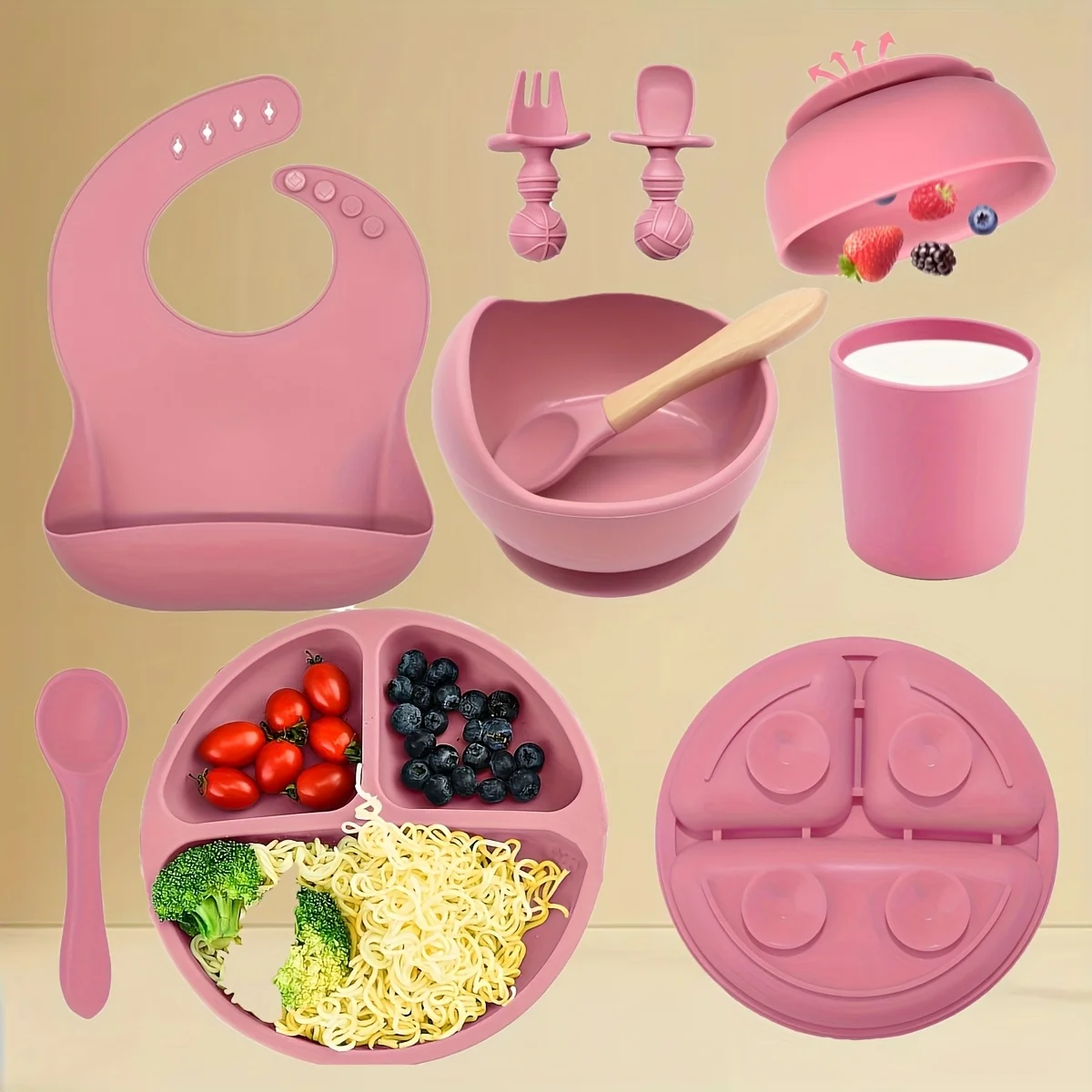 

8-piece silicone feeding tableware set for mothers and infants, suitable for babies aged 0-3 years old to eat independently