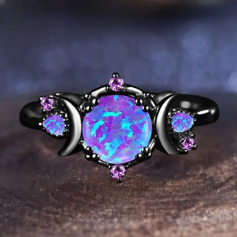 Fashion Female Round Purple Imitation Fire Opal Black Rings for Women Bridal Accessories High Quality Vintage Jewelry Gift