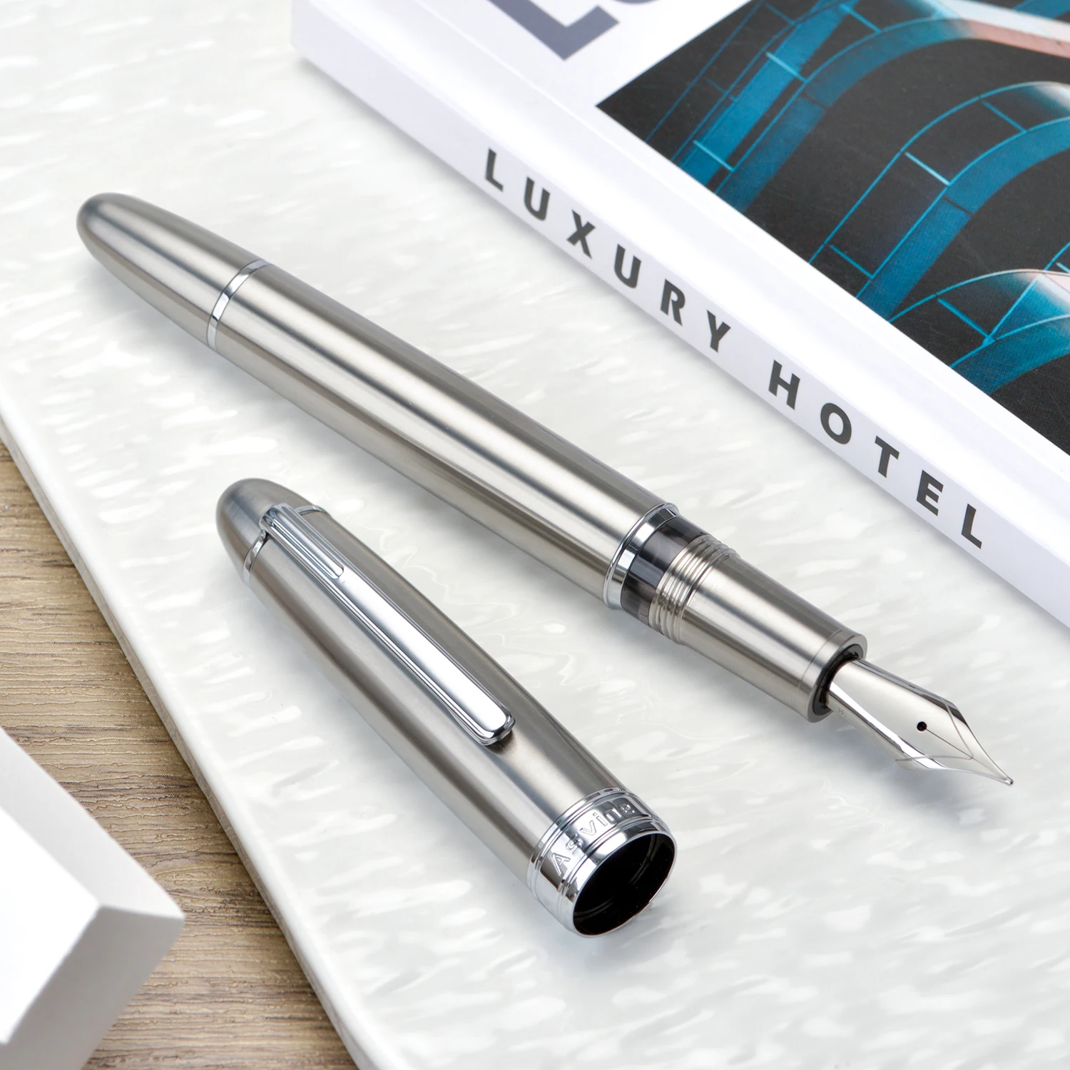 Asvine J16 Titanium Alloy Piston Frosted Silver Fountain Pen JOWO Nib with Ink Window Business Wiring Christmas Stationery Gift