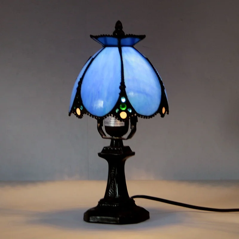 

LongHuiJing Handcrafted Tiffany Art Table Lamps Mini Blue Stained Glass Lampshade Desk Light With Antique Base