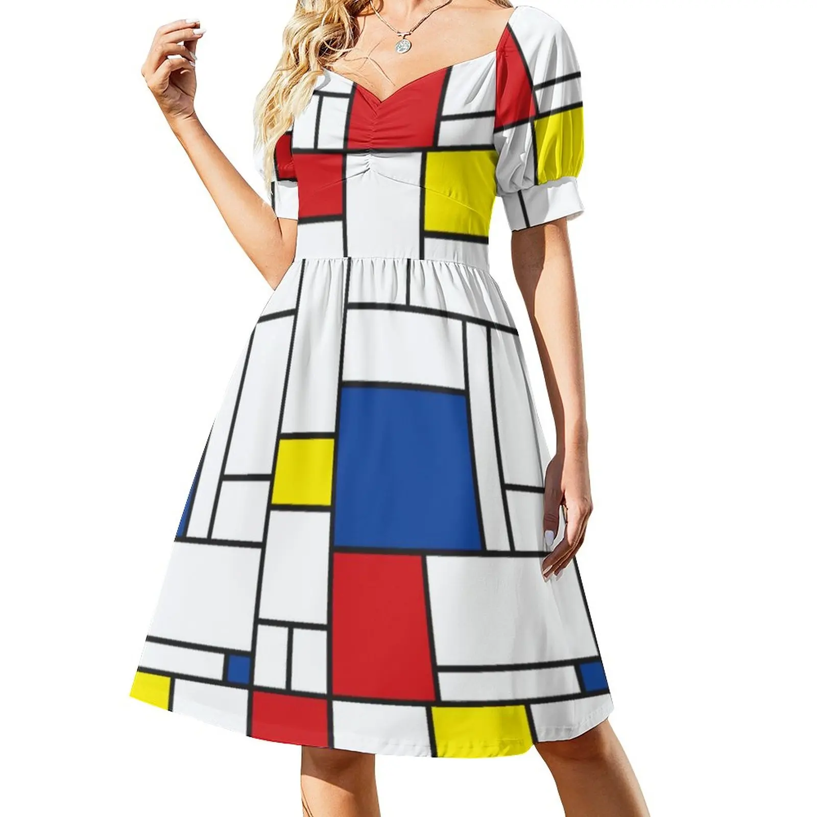 Retro Mondrian Plaid Casual Dress Mondrian Modern Art Street Wear Dresses Elegant Dress Female V Neck Big Size Vestido