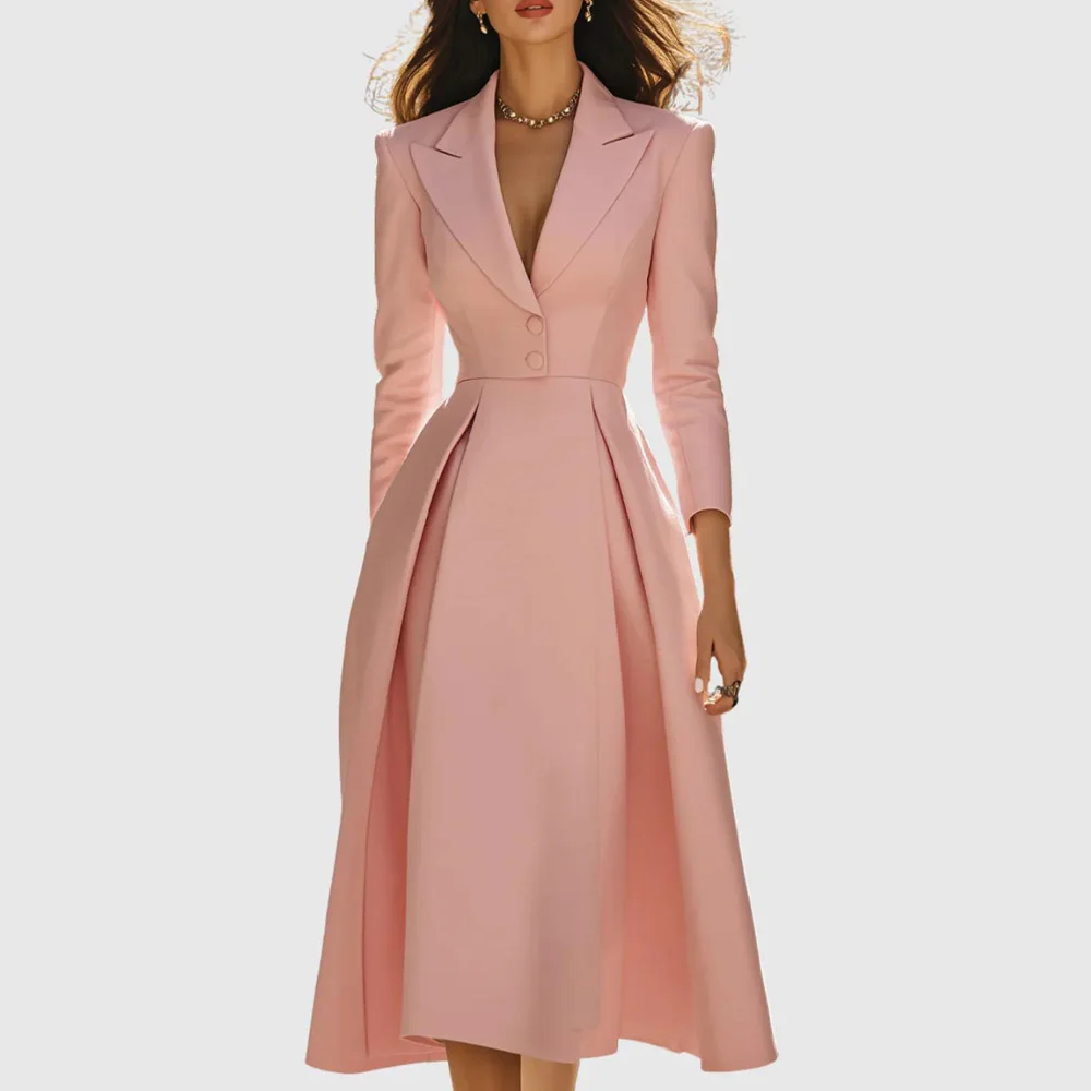 

Customized Elegant Midi Length Wedding Guest Outfit Peaked Lapel 3/4 Sleeve Evening Party Gown Pink Satin Formal Maxi Dress