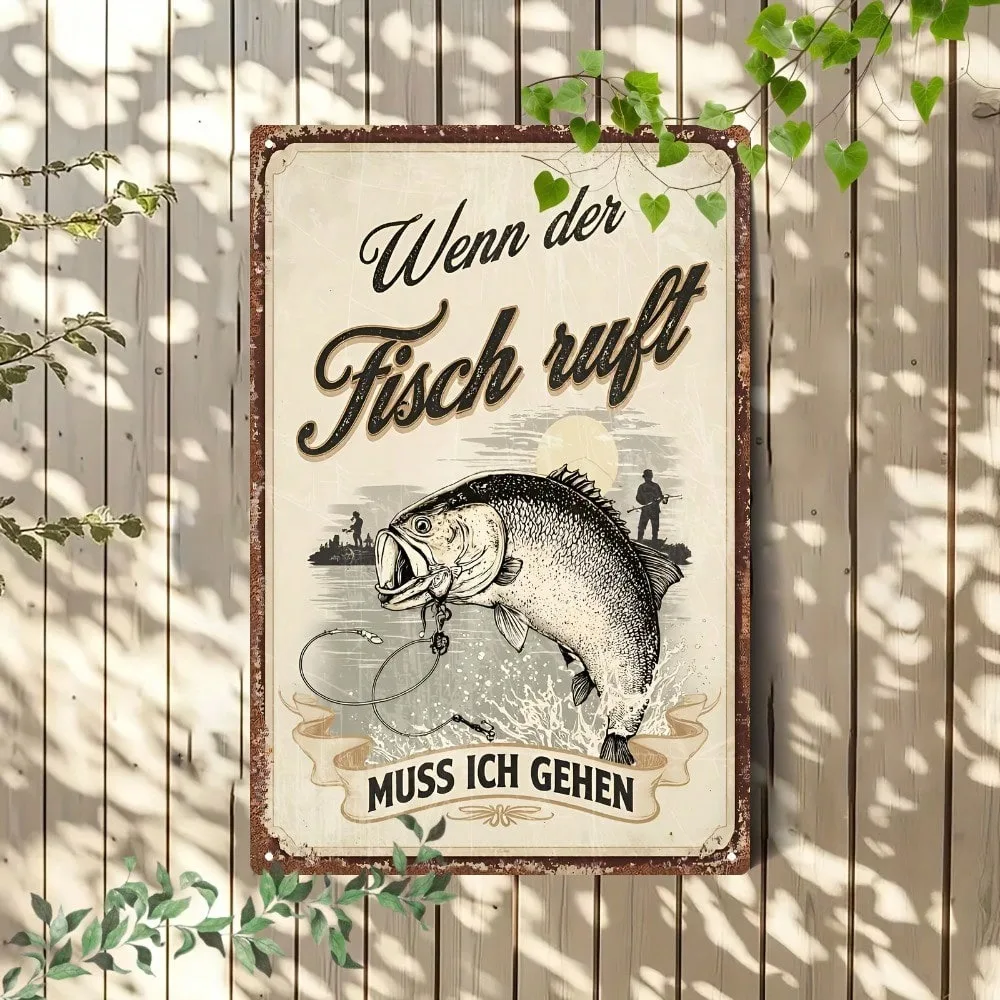 Vintage German Fishing Metal Sign | Retro Art Deco Style Wall Decor | Rustic 2D Flat Iron Construction with Large Fish & Angler