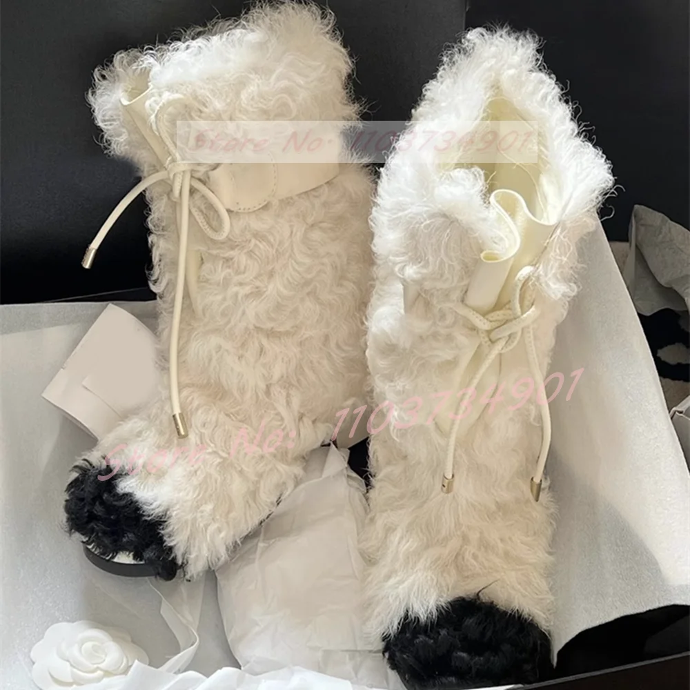 Fluffy Furry Round Toe Mid Calf Boots Women Fashion Warm Lace Up Block Mid Heels Shoes Lady Party Elegant Sweet Lolita Boots