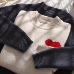 Children thickened 100% wool knitted sweater Boys girl round neck pullover keep warm Leisure cartoon heart pattern child sweater