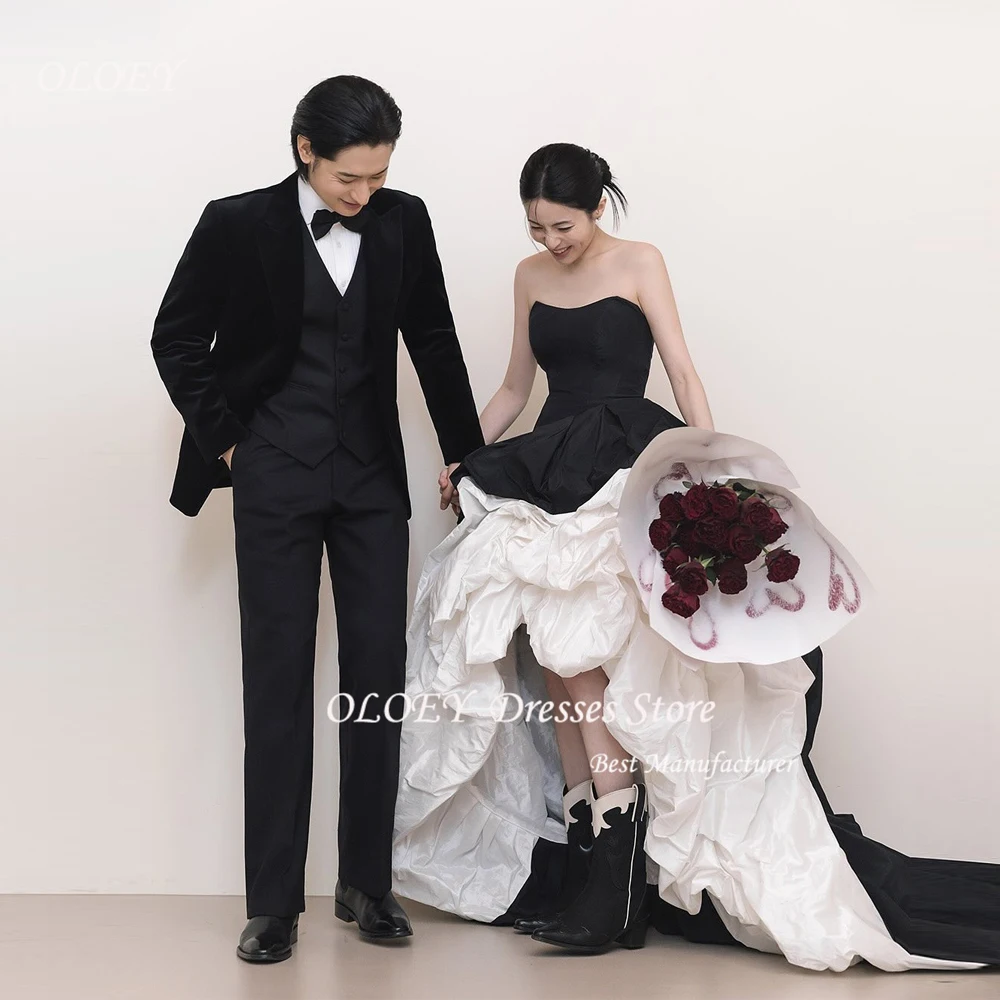 

OLOEY Korea Especially Strapless Wedding Dress White And Black Taffeta Evening Party Dress A Line Back Bow Customized