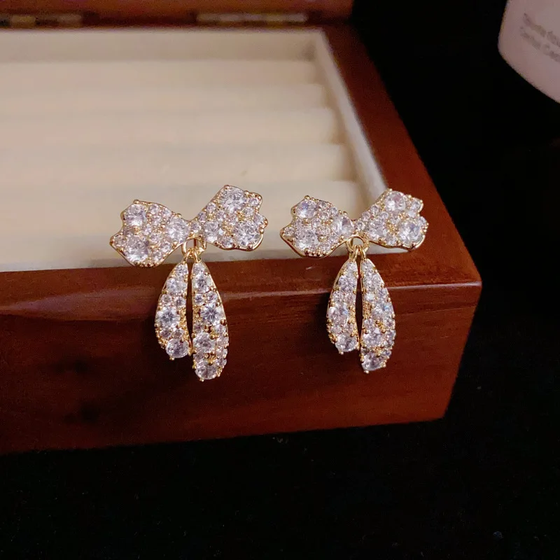 

925 Silver Needle 14k Gold Plated Full Zircon Bownot Drop Earrings For Women Wedding Cute Light luxury Fine Jewelry