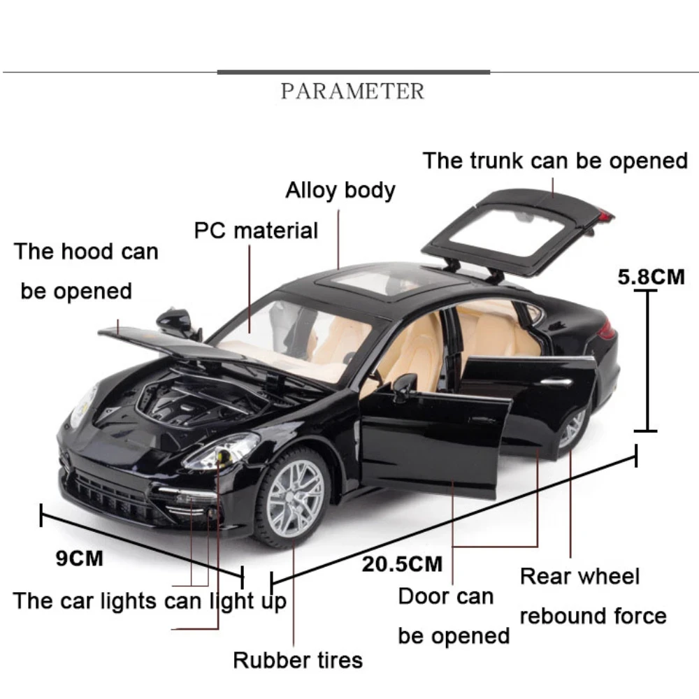 1:24 Porsche Panamera Alloy Simulation Car Model Metal Diecast Vehicle with Pull Back Light and Sound Collection Toys for Boys