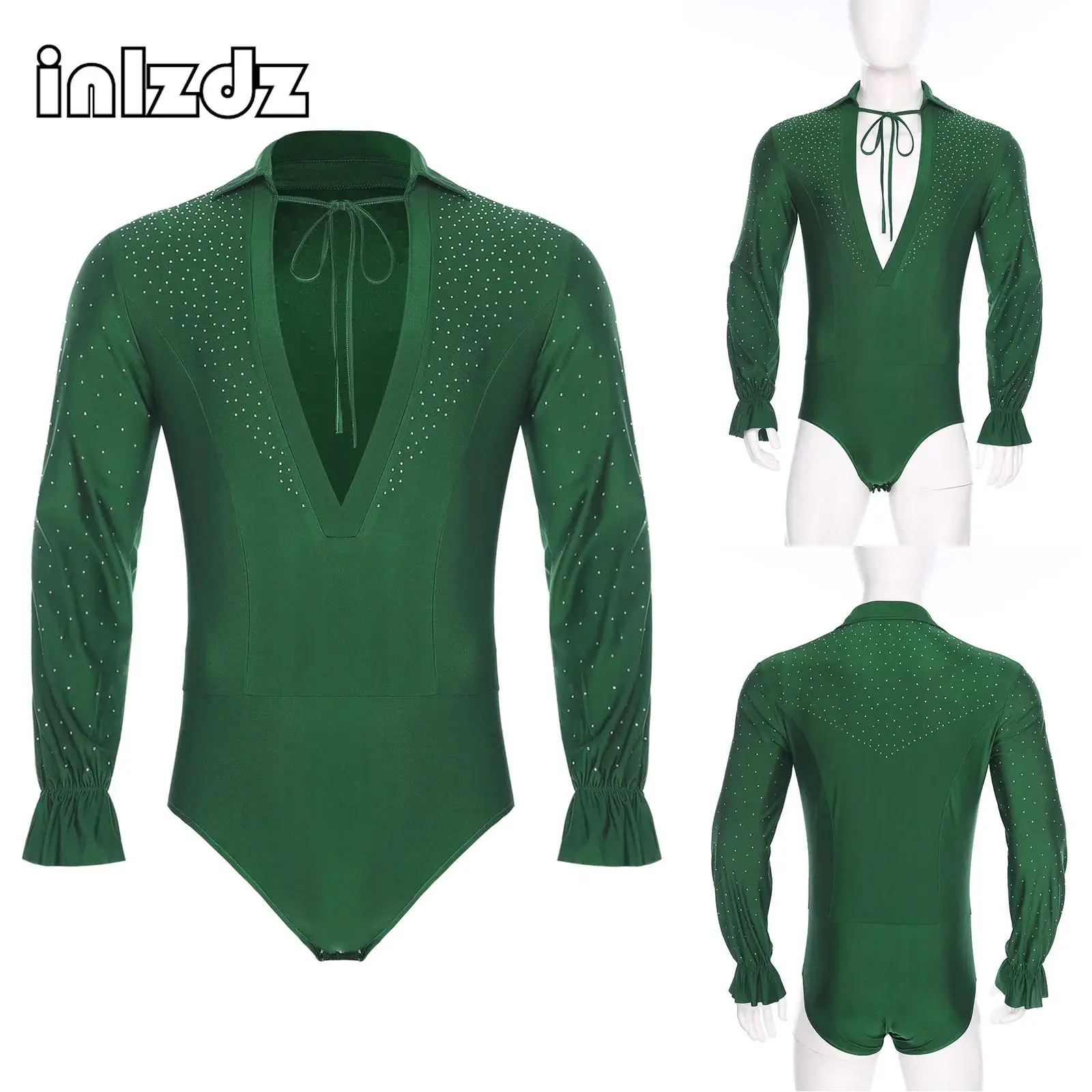 

Sexy Men Latin Jazz Dance Leotard Deep V Neck Long Sleeve Openable Crotch Rhinestones Bodysuit Dancewear for Ballet Prince Stage