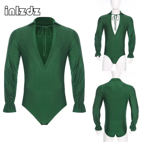 Leotardo de baile de Jazz latino para hombre, Sexy, cuello en V profundo, manga larga, entrepierna que se puede abrir, traje de baile con diamantes de imitación para escenario de Príncipe de Ballet