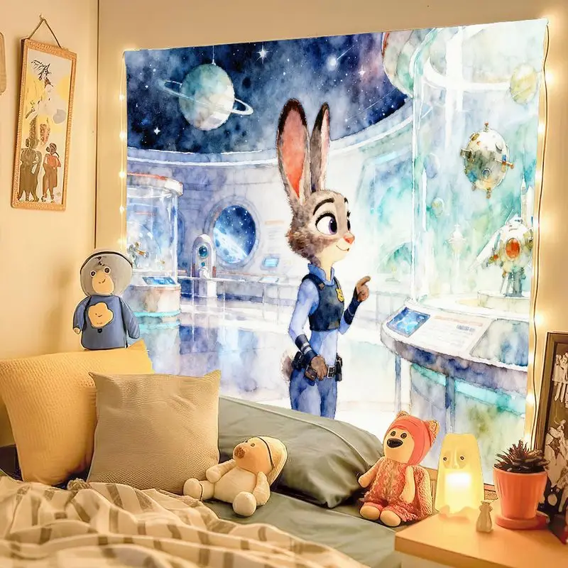 1PC ズートピア ジュディ・ホップス 水彩画 宇宙観測所 タペストリー ウォールアート、モダンなバニー警察官の寝室の装飾ギフト。