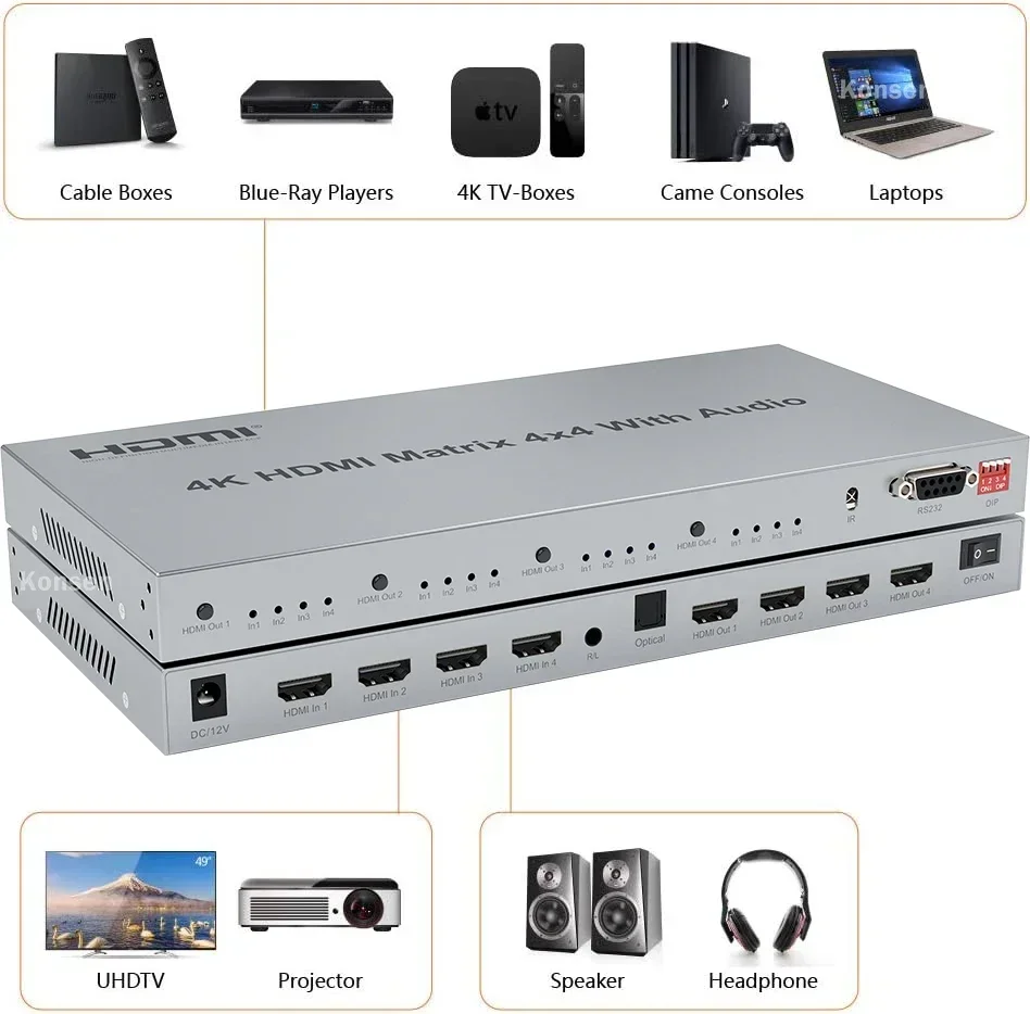 4K 30Hz 4x4 HDMI Matrix Switcher 4x4 with Toslink&Stereo Audio Extractor 4 in 4 out HDMI Matrix Video Switch Splitter Selector