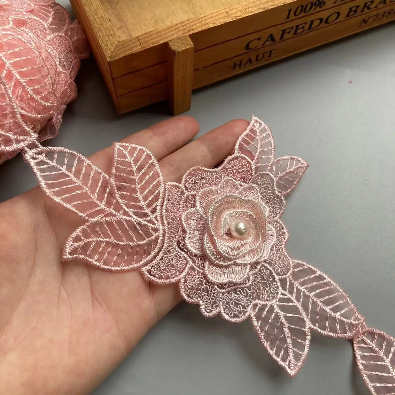 5X Pink Rose Flower Leaf Pearl Lace Trim Applique Trimming Ribbon Embroidered Fabric Sewing Craft Handmade Wedding Decoration