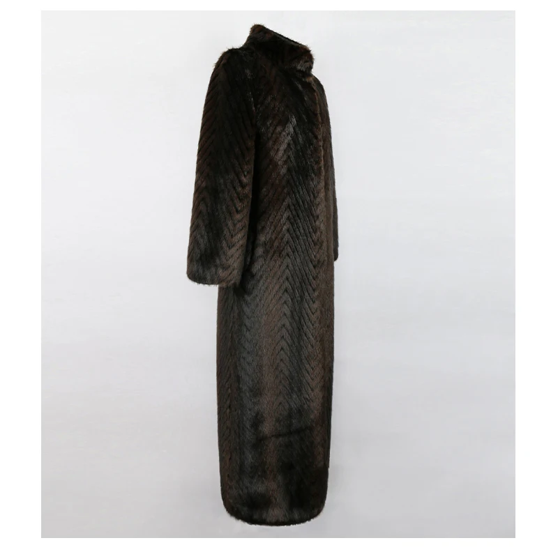 Nerazzurri Winter Extra Long Thick Warm Luxury Elegant Striped Fluffy Faux Mink Fur Coat Women Stand Collar Maxi Overcoat 2022