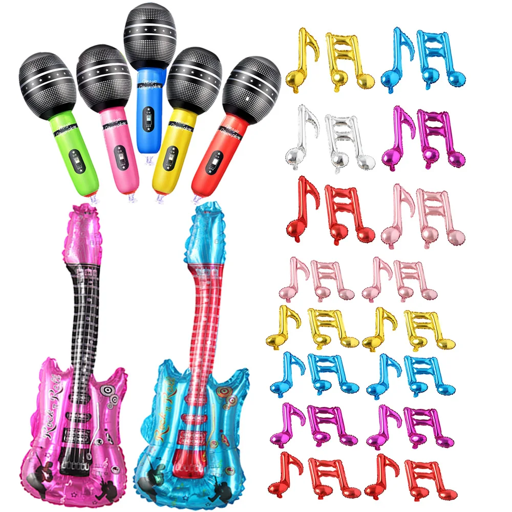 Music Set 80s 90s Toys Party Birthday Inflatable Microphones Guitar Foil Musical Ballon Disco Theme  Kid Children Birthday Gift