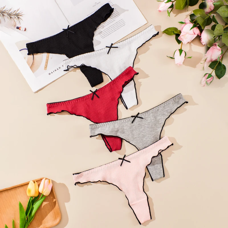 4pcs/set cotton rolled edge small size women's underwear threaded fashionable thong comfortable elastic daily sexy bow T-back