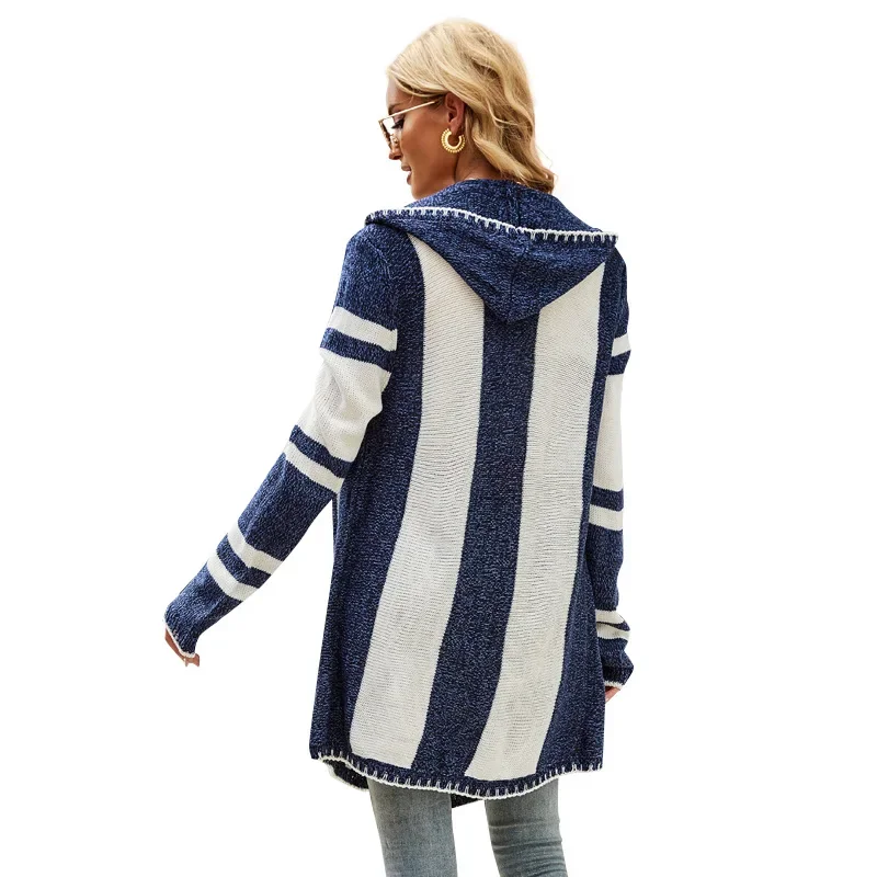 Women\'s Autumn and Winter Fashion Elegant Hooded Stripe Contrast Irregular Long Sleeve Loose Sweater Knitted Cardigan Coat Tops