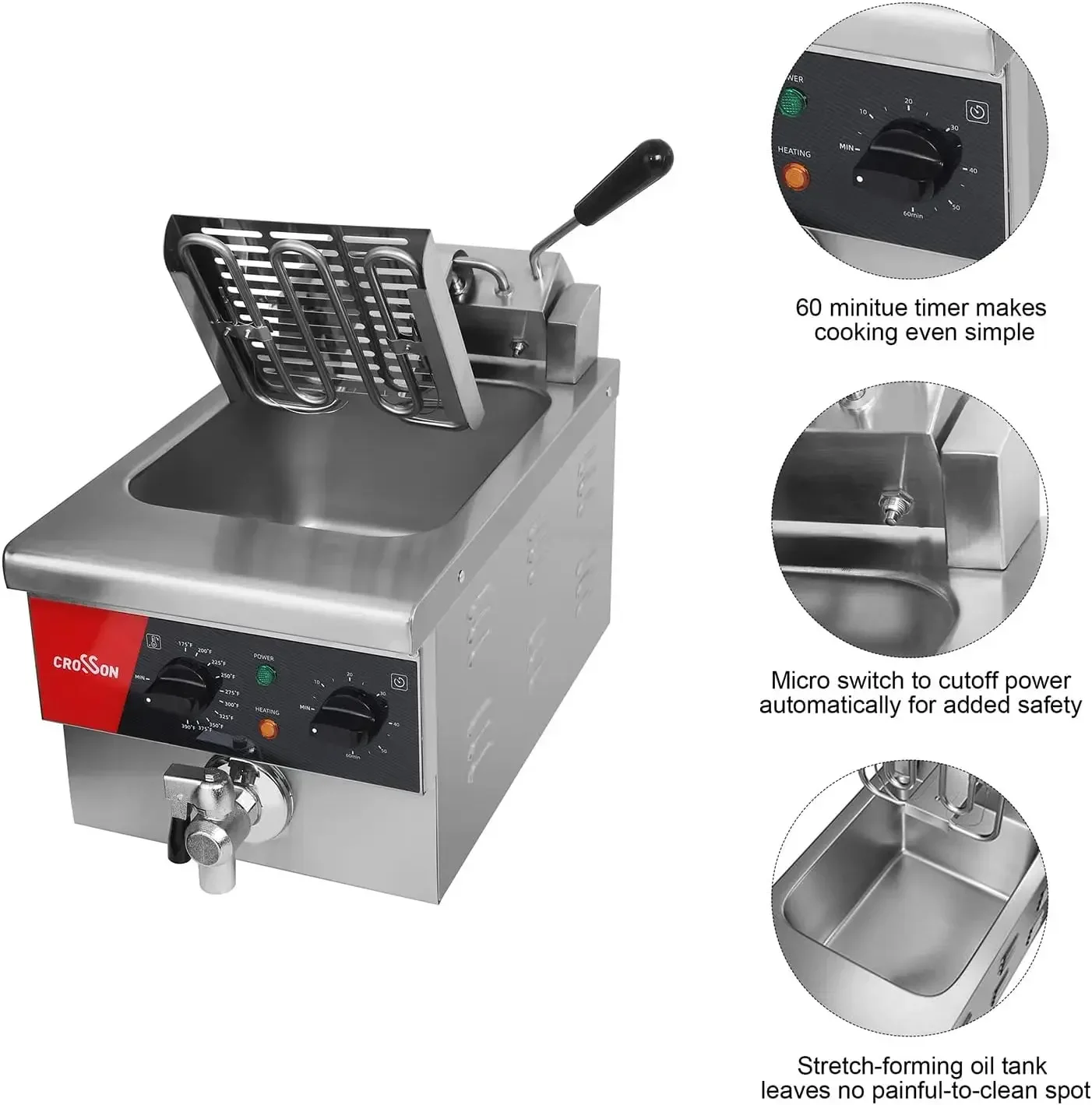 CROSSON 6L Electric Countertop Deep Fryer Extra Large with Drain,Timer,Basket and Lid for Restaurant Use 120V,1800W Commercial