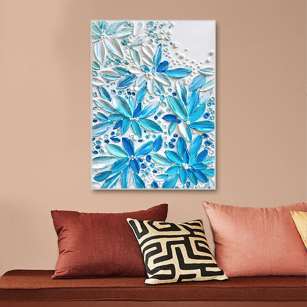 Hand Painted Oil Painting Original Creamy Textured Wall Art Abstract Blue Flower Painting Calming Painting Soft Color Painting