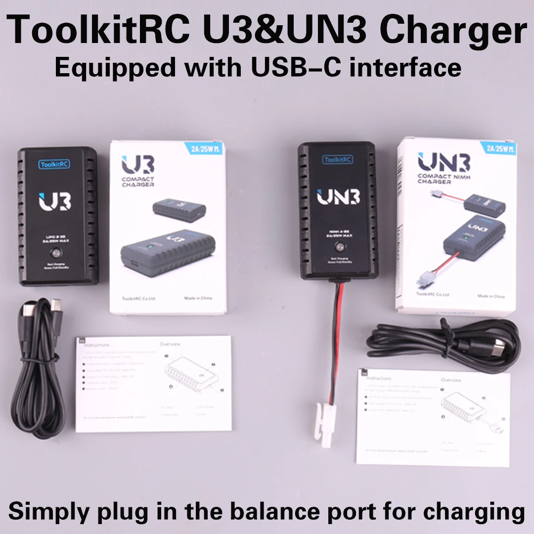 ToolkitRC U3 2-3S LiPo UN3 4-8S USB-C NiMh cargador de batería 2A 25W puerto de equilibrio carga directa para RC modelo FPV Drone coche avión