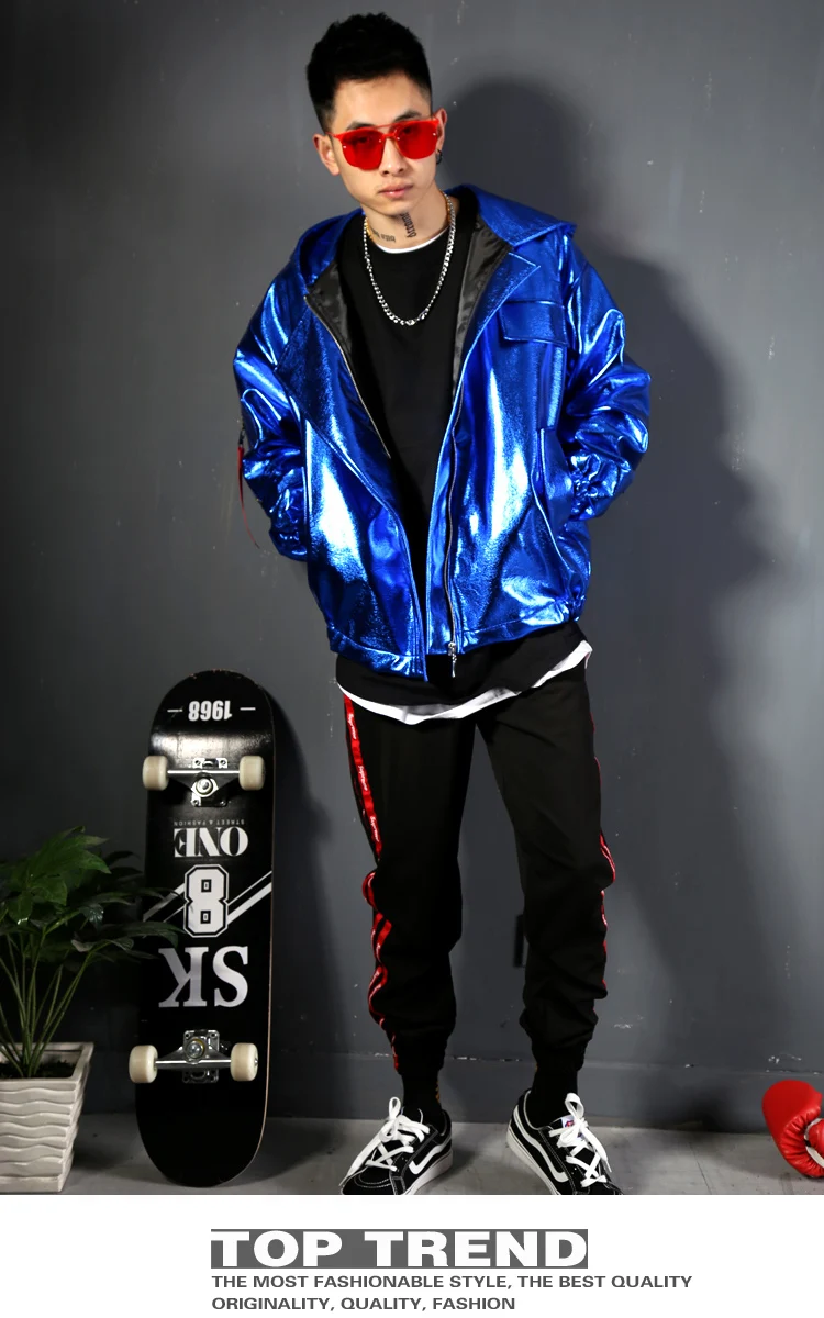 2025 블루 레이저 Pu 가죽 코트 남성 축제 의류 가수 공연 의상 나이트 클럽 Gogo 댄서 의류 레이브 복장 yk