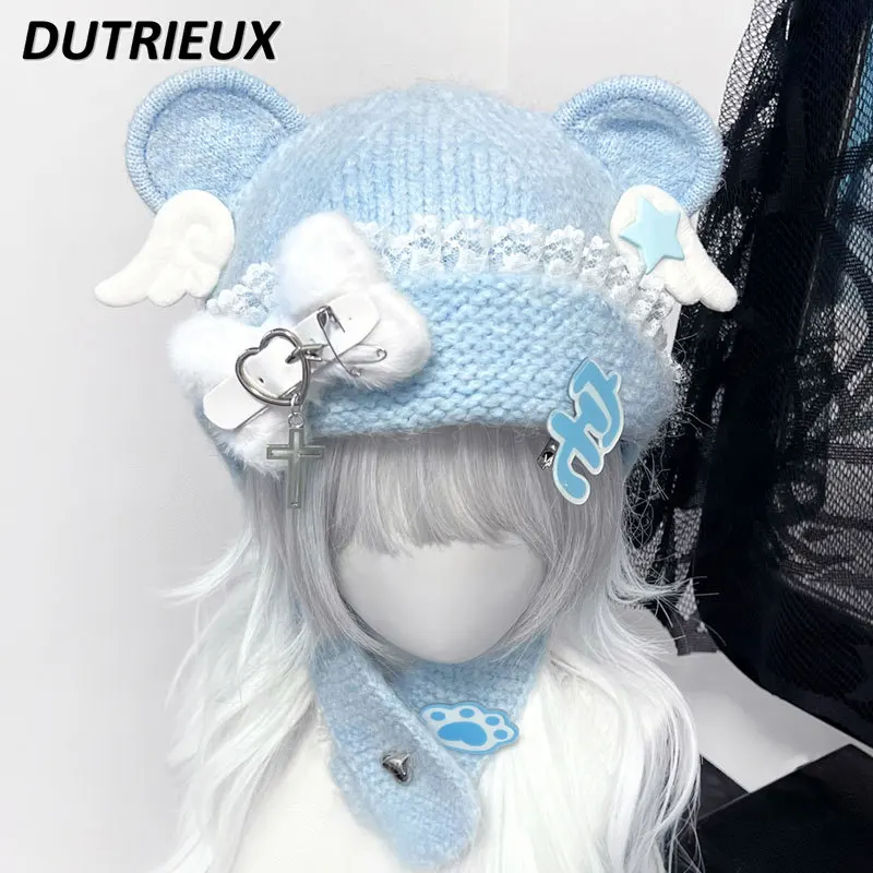 Japanese Style Original Bear Earcap Cute Subculture Wool Hat Sweet Girl Winter Warm Versatile Lace Knitted Y2k Caps