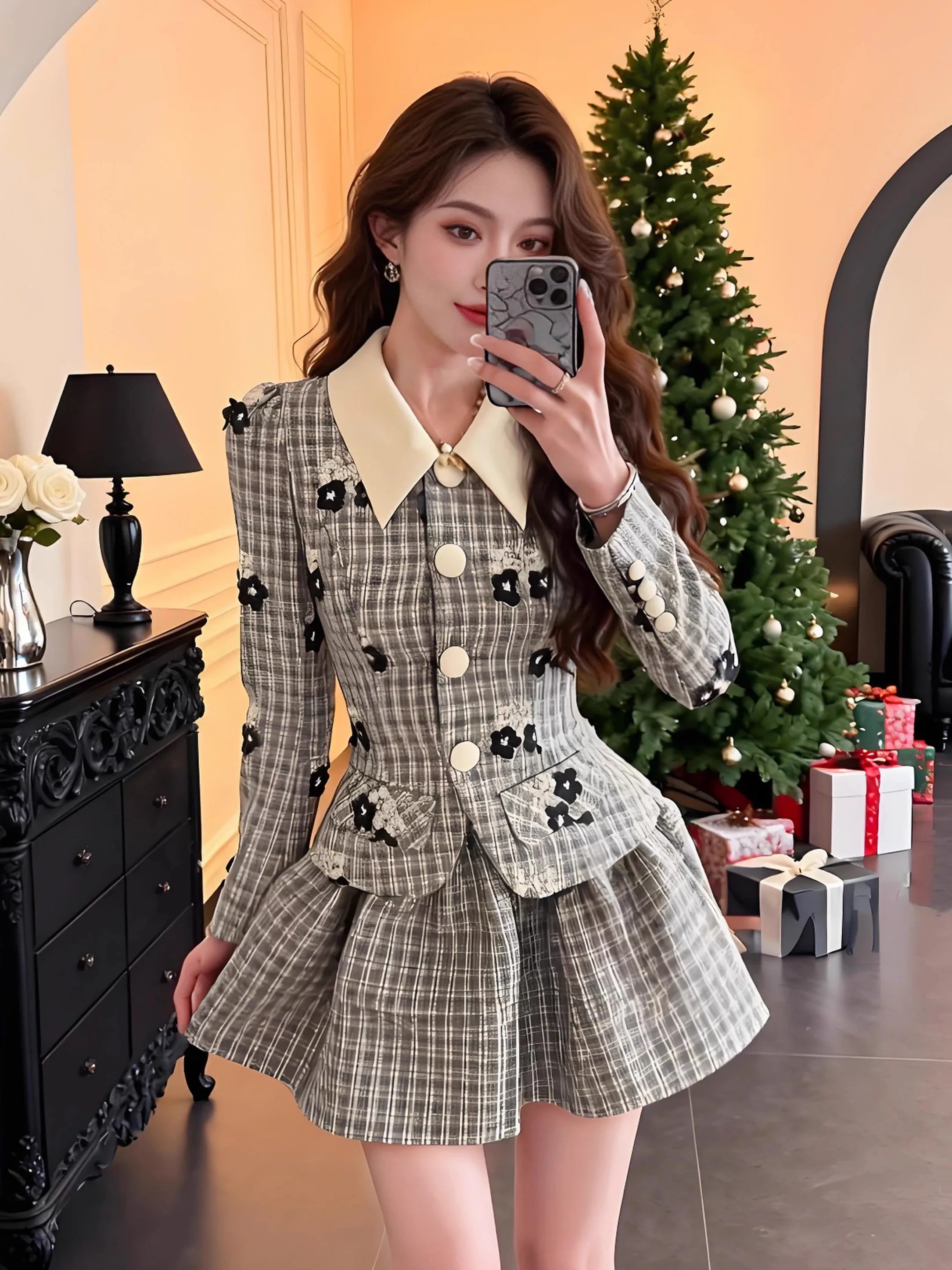 

Quilted ort Coat Ele Ladylike Sle Autumn Winter Outerwear Faionable Che Pattern Long Sve Double Brea...