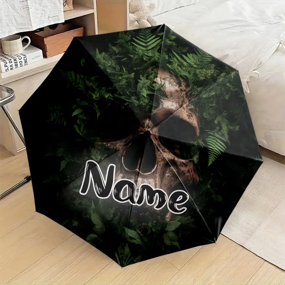 Custom Name Umbrella,Skull and Greenery Design Umbrella for Gothic and Nature Lovers" Folding Umbrella for Sunny and Rainy,Gift
