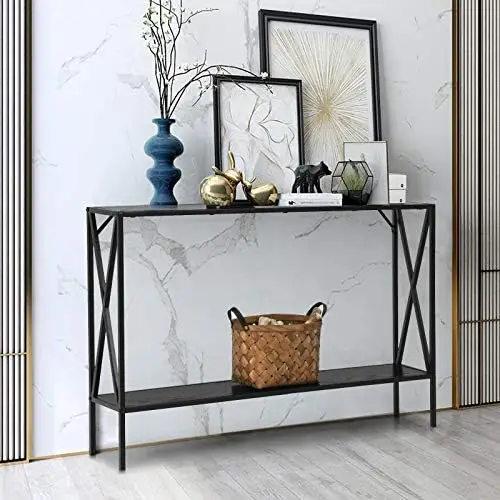 Mesa console corredor para entrada, estrutura de aço e prateleira, mesa elegante, mesa perfeita para sala de estar, 2 níveis, 47,5"